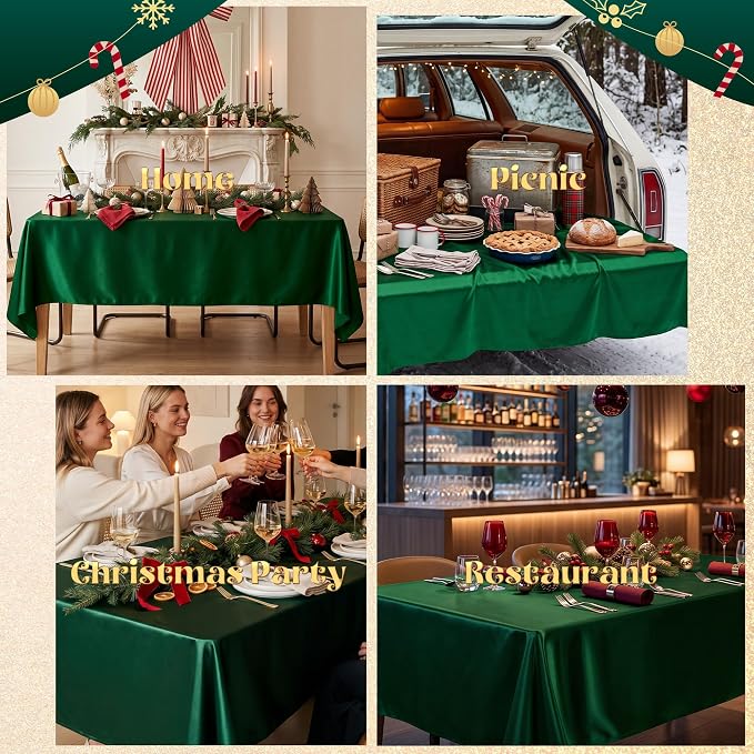 4 Pack Dark Green Satin Tablecloth 58 x 102 Inches, Rectangular Satin Table Cloths for Wedding Reception, Birthday Party, Graduation & Holiday Banquet Tables