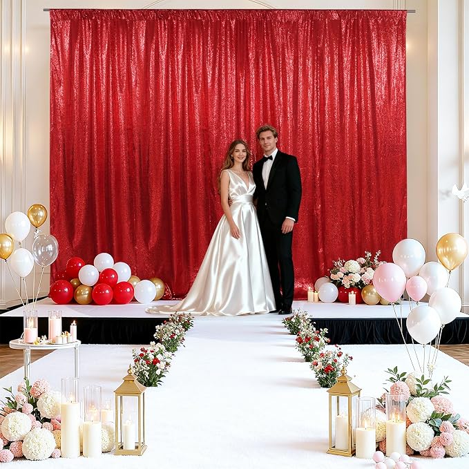 SquarePie 20x10ft Red Sequin Backdrop for Photography, Satin-Backed Real Sequin Curtain, Enhanced Coverage Shimmering Background with 4" Rod Pocket for Wedding, Birthday, Party Decor, 1 Panel