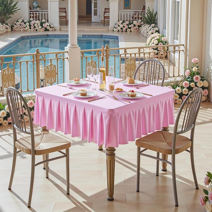 Wish Care Pink Spandex Tablecloths for 48x48 Inch Square Tables, Stretch Fitted Table Clothes with Pleated Ruffle Skirt for 48” Table, Wrinkle Free and Elastic, for Party Kitchen Home Dining