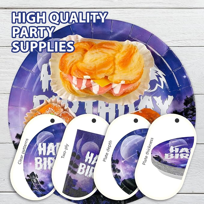 96Pcs Wolf Birthday Party Decorations Galaxy Wolf Plates and Napkins Black Purple Galaxy Disposable Paper Tableware Set for Animal Theme Birthday Outdoor Holiday Party Supplies Serves 24
