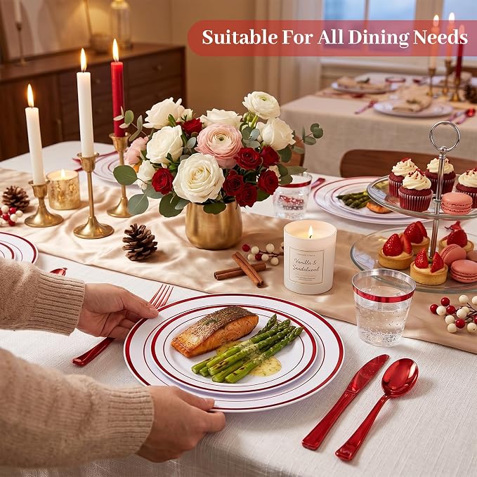 DaYammi 210PCS Red Plastic Dinnerware Set Red Plates Disposable Disposable Plates for Party Include: 30 Dinner Plates,30 Dessert Plates,30 Pre Rolled Napkins with Silverware,30 Cups for Wedding