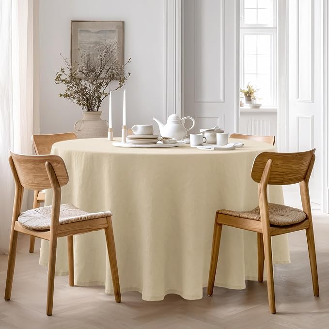 Linen World Round Tablecloth 90" Inch - 100% French Linen Washable Natural Tablecloth for Dining,Outdoor,Weddings and Restaurants,Decorative Thanksgiving Christmas,Sand Beige