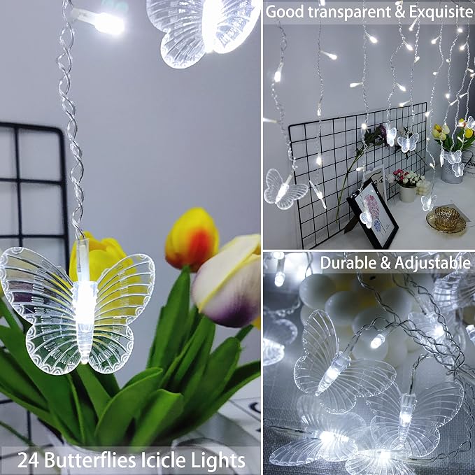 Butterfly Curtain Fairy Lights USB Plug in,120 LED 8 Modes 20FT Firefly Twinkle Icicle String Lights with Remote Timer Waterproof Copper Wire for Bedroom Patio Christmas Wedding Party Dorm(Cool White)