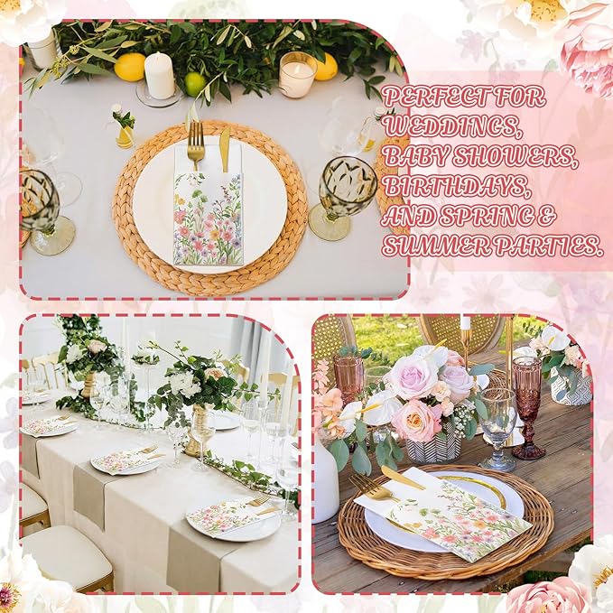 Potchen 100 Linen Feel Napkins Disposable Cloth Like Napkins Prefolded Hand Towel with Built-in Flatware Pocket Cocktail Hand Towel for Wedding Bridal Shower Supplies(100 Pcs,Wildflower)