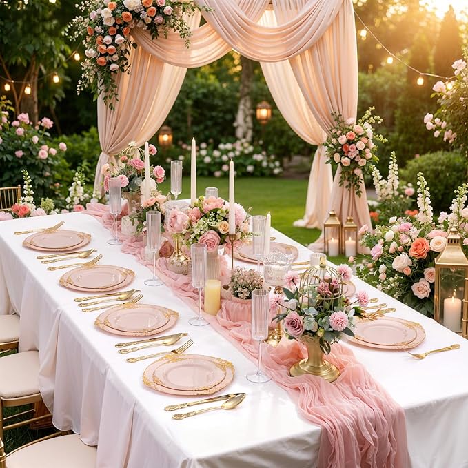 200PCS Pink and Gold Plates - Pink Plastic Plates - Fancy Disposable Plate with Gold Rim - Vintage Wedding Dinner & Dessert Plate for 100 Guests for Wedding & Bridal Shower & Mother's Day