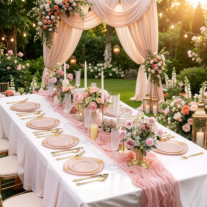 200PCS Pink and Gold Plates - Pink Plastic Plate - Fancy Disposable Plates with Gold Rim - Vintage Wedding Dinner & Dessert Plate for 100 Guests for Wedding & Bridal Shower