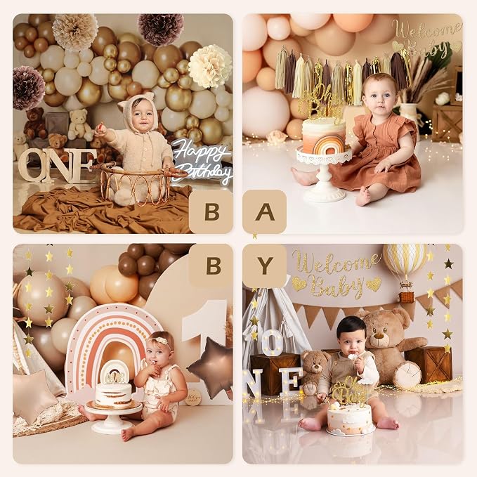 Baby Shower Decorations Neutral, Brown Nude Balloons Welcome Baby Banner, Cake Topper, Paper Pom Poms Tassels, Sash for Baby Shower Party Supplies