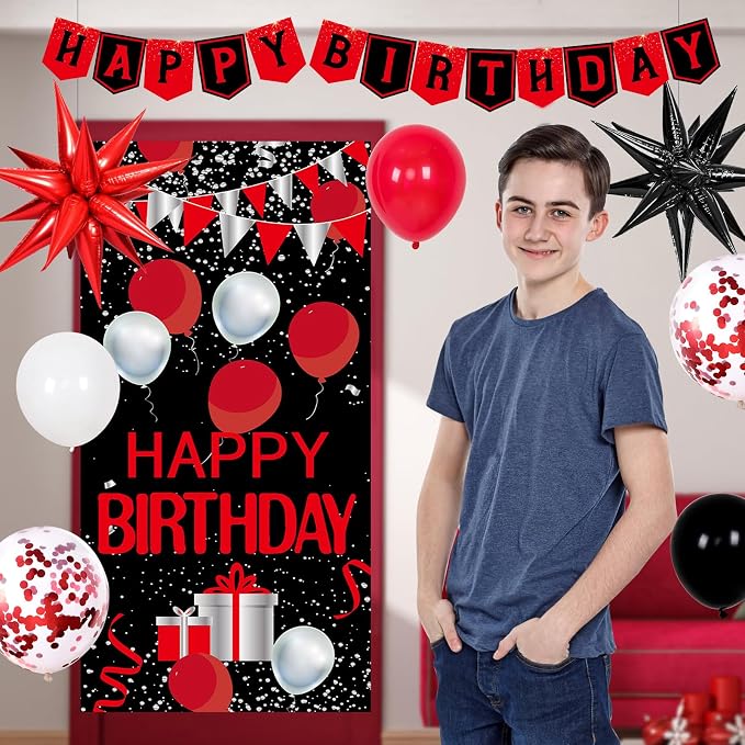 Red and Black Birthday Decorations for Men Women, Red Party Decorations for Boys Girls Happy Birthday Decorations Door Banner, Tablecloth Foil Backdrop Star Balloons for Men Bday Party Supplies