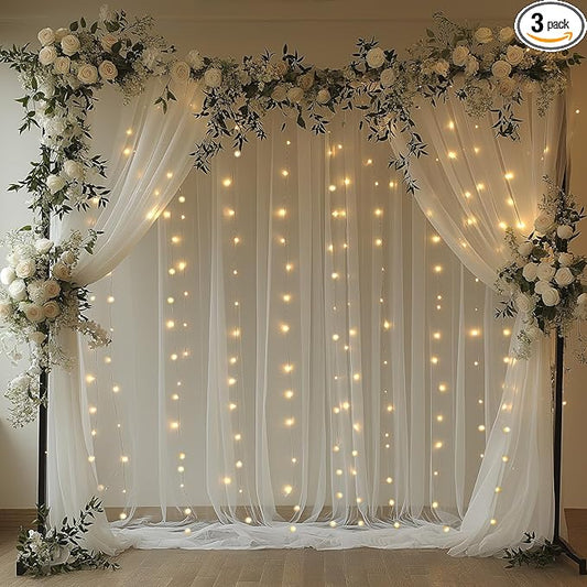 White Tulle Backdrop Curtain with Lights String 10x8ft Sheer Drapes for Wedding, Birthday, Baby Shower, Bridal Shower, Photo Booth, Party, Home Decor (2 Panels, White)
