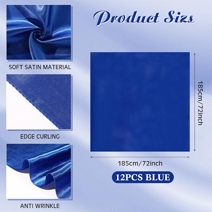 Newwiee 12 Pcs 72 Inch Satin Tablecloth Square Overlay Smooth Fabric Tablecloth Satin Table Cover Fabric Decoration Dining Cloths for Party Wedding Banquet Table Decoration(Royal Blue)