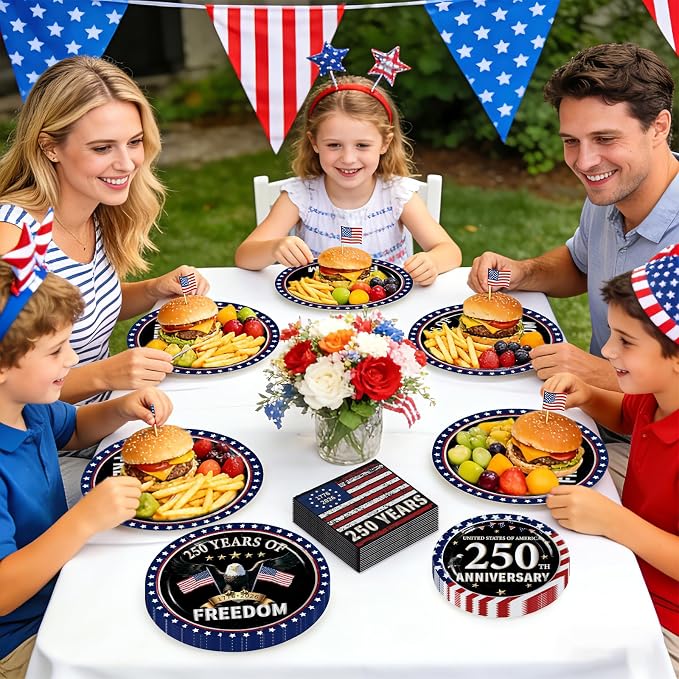96 Pcs 250 Anniversary USA Party Decorations Patriotic Red and Blue America Flag Plates and Napkins Disposable 4th of July Tableware for USA 250th Patriotic Independence Day Party Supplies Serves 24