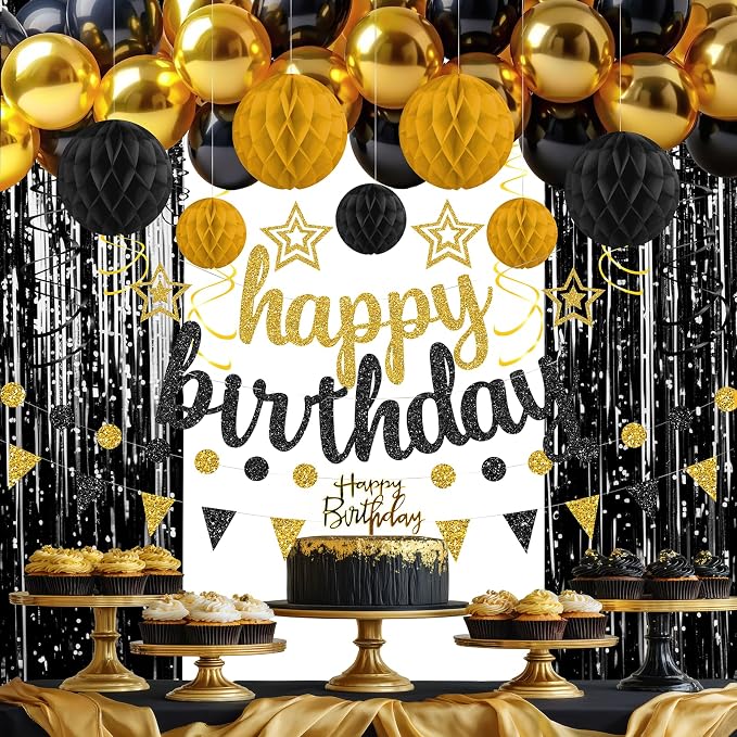 Black and Gold Birthday Party Decorations Set - Happy Birthday Banner Balloons Foil Curtains Hanging Swirls for Men Women Birthday Party Supplies