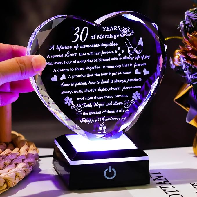 30th Wedding Anniversary Crystal Gifts for Couples Parents Romantic 30th Anniversary Heart Gifts for Her Him with Colorful LED Base 30 Years of Marriage Gift for Wife Husband