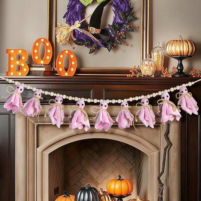 8.5Ft Pink Halloween Ghost Garland with Wooden Beads, Handmade Ghost Banner for Spooky & Cozy Home, Indoor Halloween Decor for Fireplace