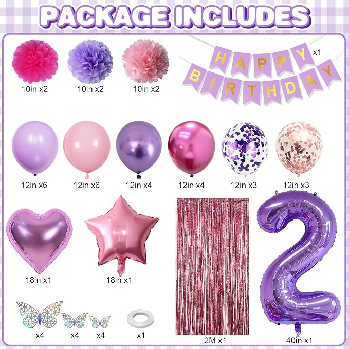 Pink Purple 2nd Birthday Party Decorations for Girls Number 2 Balloon Happy Birthday Banner Butterfly Stickers Fringe Curtain Paper Pom Poms Metallic Hot Pink Star Foil Balloons Baby 2 Year Old Decor