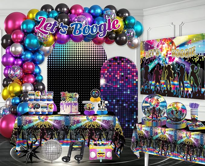 301pcs Disco Party Decorations for 70s, All-in-one 70s Party Decorations for 25 Guests, with No-DIY Banner Thick Plates and Disco Balloon Arch, Disco Photo Booth Props, Easy Setup for 70s Party