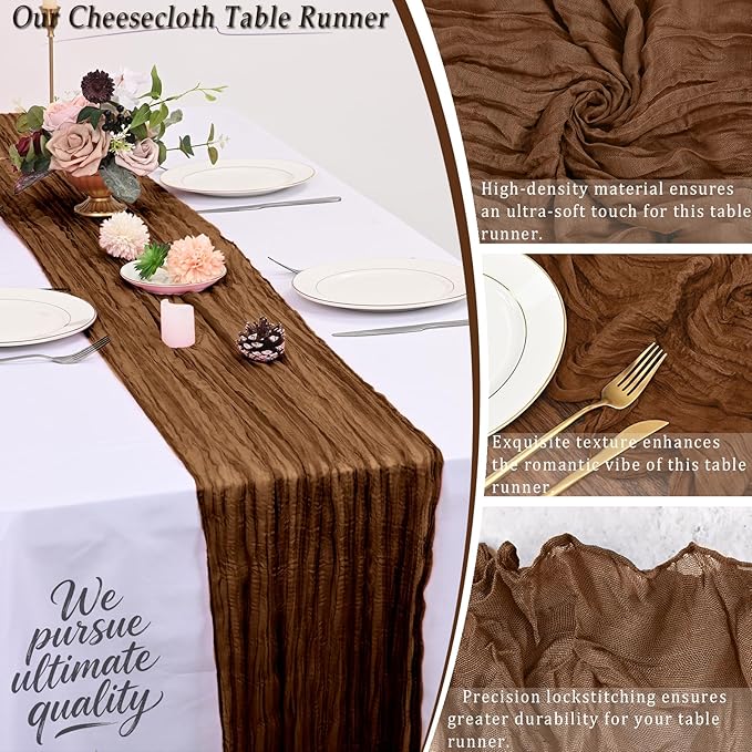 10 Pack Brown Cheesecloth Table Runner 17x108 Inch Semi Sheer Boho Rustic Gauze Cheese Cloth Table Runners for Wedding Party Birthday Baby Shower Home Décor