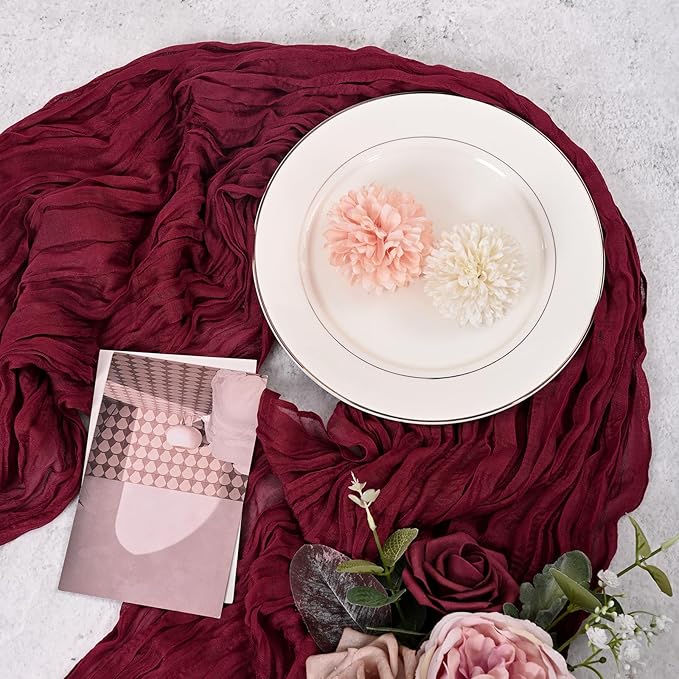 12 Pack Burgundy Cheesecloth Table Runner 120 inch Fall Thanksgiving Boho Rustic Gauze Farmhouse 10FT Cheese Cloth Runner for Baby Shower Wedding Party Holiday Home Decor