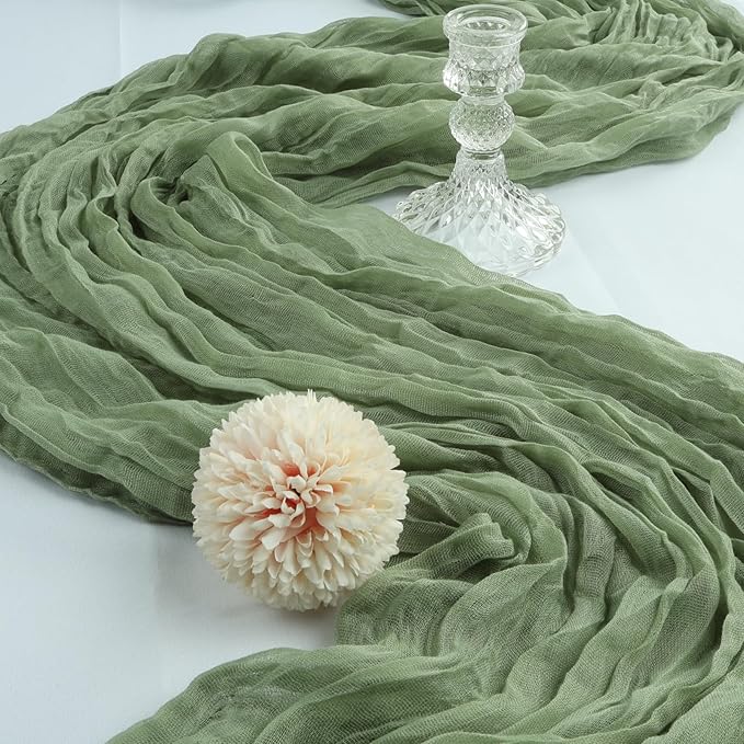 12 Pack 10FT Sage Green Cheesecloth Table Runner 120 Inch Long Gauze Rustic Boho Spring Cheese Cloth Table Runner Sheer Fabric Decorations for Holiday Party Wedding Banquet Bridal Baby Shower Décor