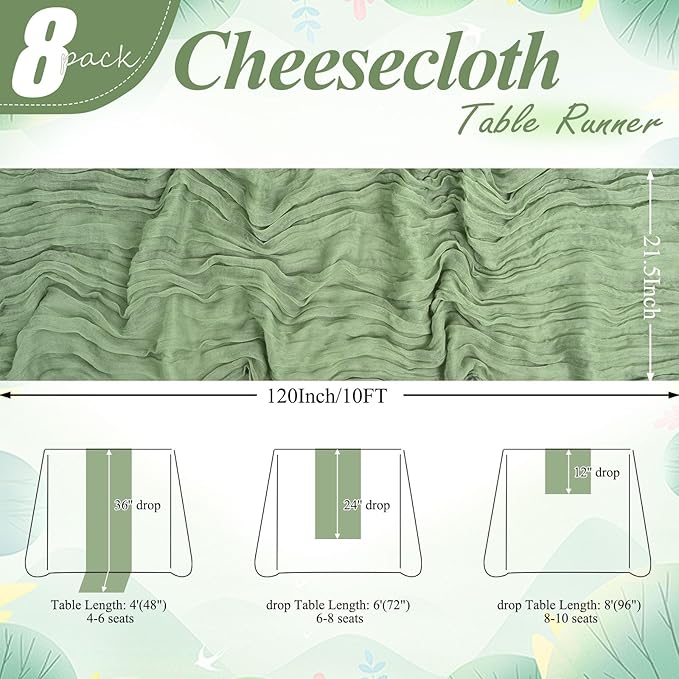 8 Pack Sage Green Cheesecloth Table Runner 10FT Long Boho Gauze Fabric Table Runner Vintage Rustic Sheer Runners for Wedding Party Bridal Baby Shower Table Decorations