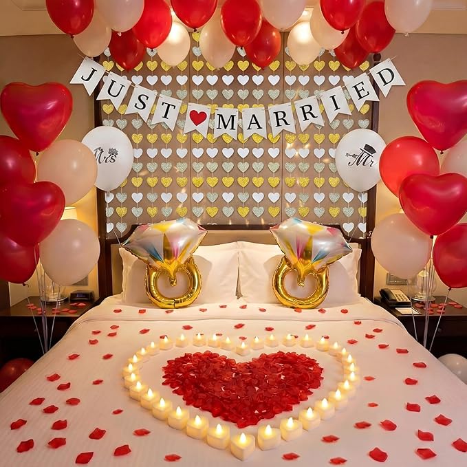 Just Married Party Decorations Heart Garland Just Married Banner Sign Red White Balloon Artificial Rose Petals Heart Tea Light Candles Diamond Ring Aluminum Balloon for Wedding Marriage Party