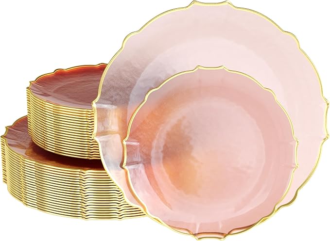 Exquisite Plastic Plates for Party 40 Piece Fancy Plastic Dinner Plates For 20 Guests 20 X 7.5 Dessert Plates & 20 X 10 Thin Delicate Disposable Dinnerware Charger Plate Pink Rose Gold Rim