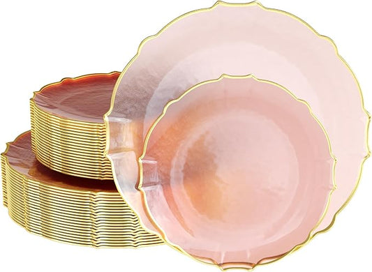 Exquisite Plastic Plates for Party 40 Piece Fancy Plastic Dinner Plates For 20 Guests 20 X 7.5 Dessert Plates & 20 X 10 Thin Delicate Disposable Dinnerware Charger Plate Pink Rose Gold Rim