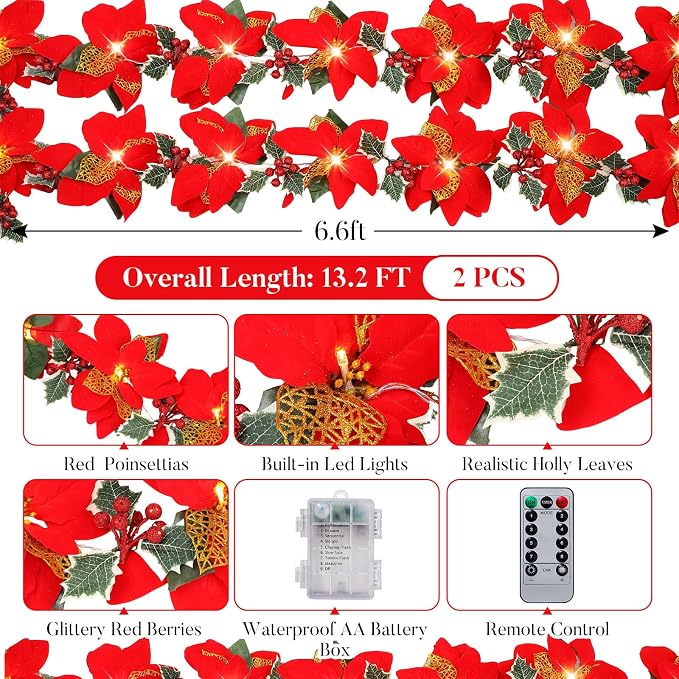 Zubebe 2 Pcs Prelit Poinsettia Christmas Garland with String Lights Glitter Holly Leaves Berries Remote Timer 8 Modes 6.5 ft Lighted Flower Garland Battery Operated Indoor Outdoor Decor(Red)