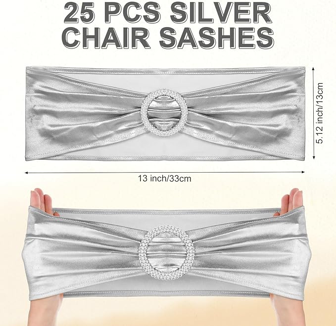 Preboun 50 Pack Folding Chair Cover Set with 25 Spandex Chair Slipcovers 25 Sequin Chair Sashes Bow Washable Chair Protector Chair Cover for Party Wedding Banquet Event (Black, Silver)