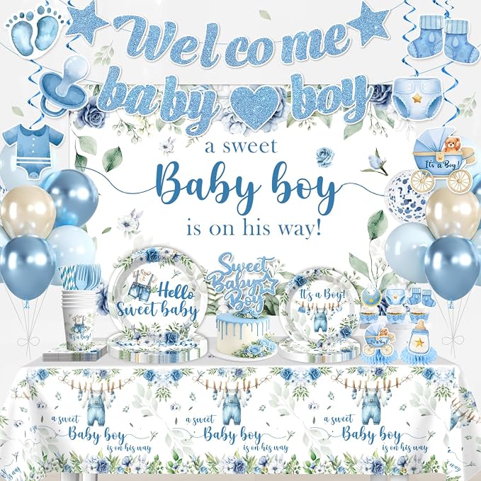 cocomigo 222Pcs Baby Boy Shower Decorations, All-in-One Blue Baby Shower Party Supplies Includes Banner, Backdrop, Cake Topper, Paper Plates and Napkins, Easy Setup Baby Shower Boy Decor, Serves 25