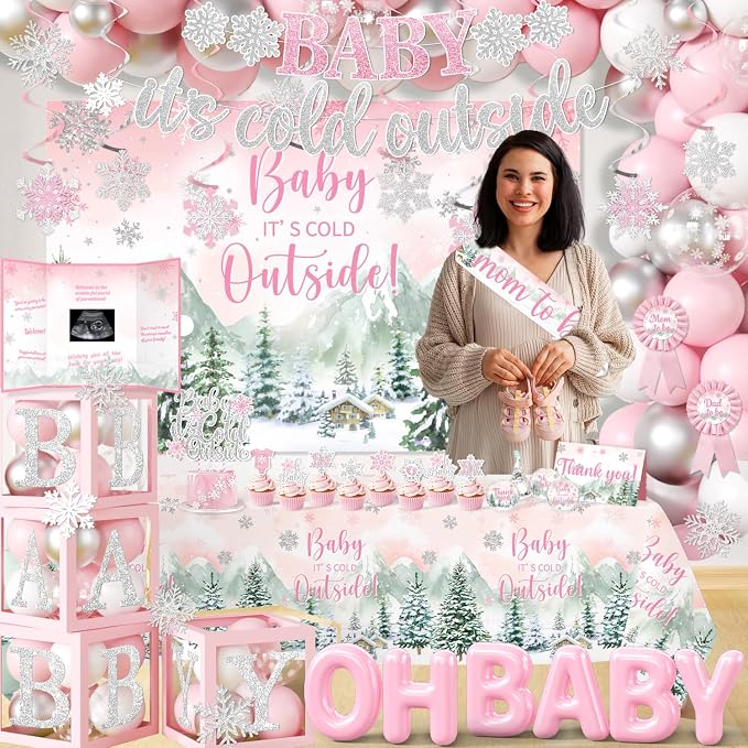 Baby It’s Cold Outside Baby Shower Decorations, Pink Winter Baby Shower Decorations for Girl Winter Woodland Tablecloth Banner Backdrop Balloon Box Cupcake Topper Hanging Swirl for Girl Gender Reveal