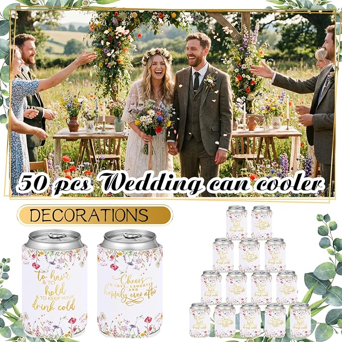 Qinyoung 50 Pieces Wildflower Wedding Can Cooler Sleeves Bulk Engagement Party Favors for Guests Cheers to Love Laughter and Happily Ever After Rehearsal Dinner Decorations for Wedding Bridal