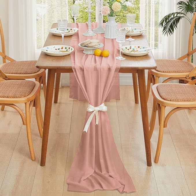 Horbaunal 2 Pack Dusty Rose Chiffon Table Runners 10FT Sheer Chiffon Runner 29x120 Inches Romantic Boho Rustic Table Runner for Wedding Party Bridal Baby Shower Table Decorations
