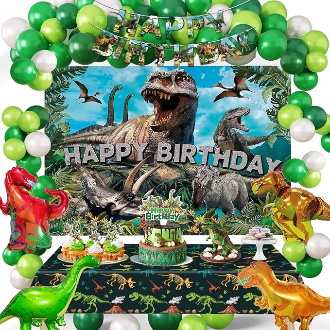 Dinosaur Birthday Party Decorations Kit for Boys - Dino Party Supplies with Tablecloth, Banner, Backdrop, Cake Topper, Balloons & Stickers for Kids