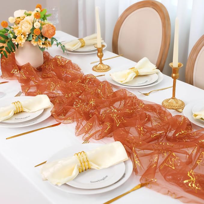 Snowkingdom Fall Thanksgiving Table Runner 10Ft, Gold Maple Leaves Burnt Orange Rust Sheer Tulle Gauze Cheesecloth, Golden Sequin Glitter Dining Table Centerpieces Decorations for Autumn Harvest Party