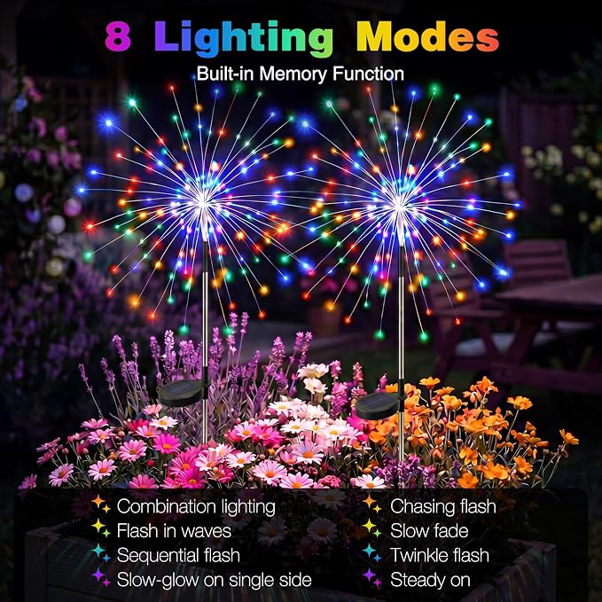 btfarm 8 Pack Solar Garden Lights Outdoor 8 Modes, 120 LED Firework Lights Solar Powered, Waterproof Twinkle Fairy Light Outside for Yard Pathway Lawn Pool Patio Christmas Decorative, Multicolor