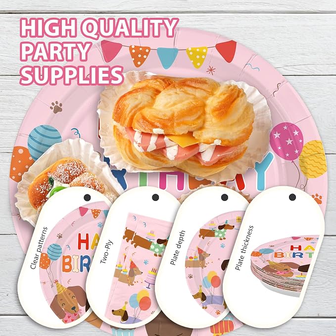 96Pcs Dachshund Dog Birthday Party Decorations, Serves 24 | Pink Wiener Dog Puppy Plates and Napkins Cartoon Puppy Pet Disposable Paper Tableware Set for Kids Birthday Party Supplies