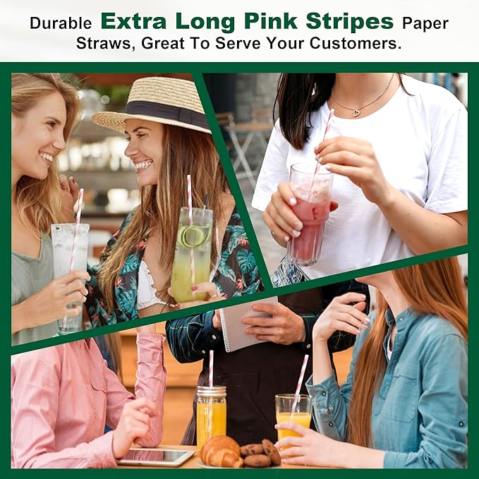 10.25" Long Pink/White Striped Disposable Paper Drinking Straws Bulk - Unwrapped [600 Counts]