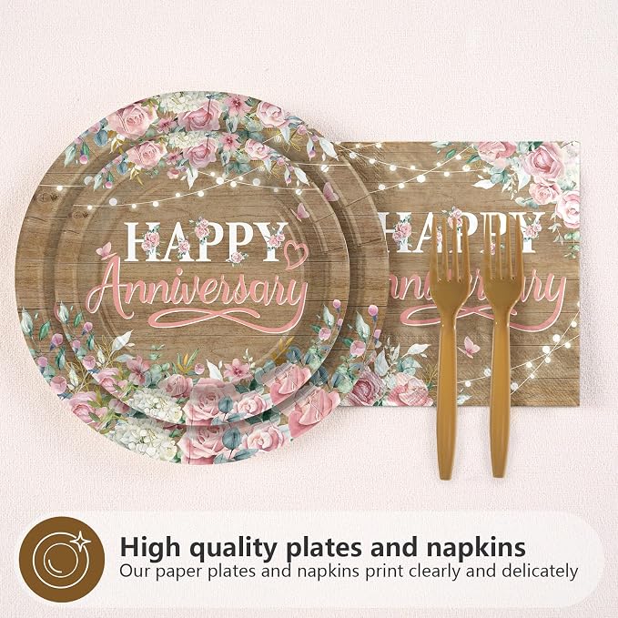 96Pcs Happy Anniversary Party Decorations Rustic Pink Floral Happy Anniversary Plates and Napkins Wooden Cheers to Marriage Decoration for 40th 50th Wedding Commemoration Day Party Supplies Serves 24