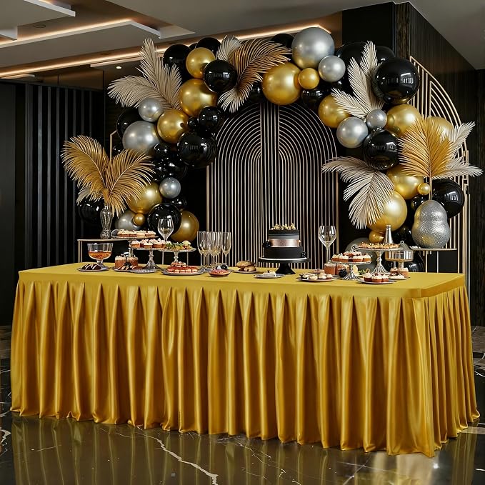 Wish Care 2 Pack Satin Table Cover Skirts for 8ft Rectangular Tables, Dark Gold Shimmer Silk Tablecloth with Floor Length Ruffle for Wedding Banquet Party Buffet Decoration