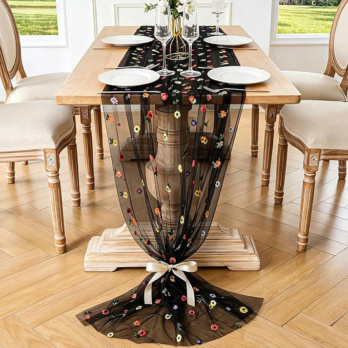 BINBE 6pcs Black Daisy Spring Table Runner Embroidery Gauze 10FT Florals Seasonal Tulle Holiday Birthday Kitchen Dining Table Decor for Home Party