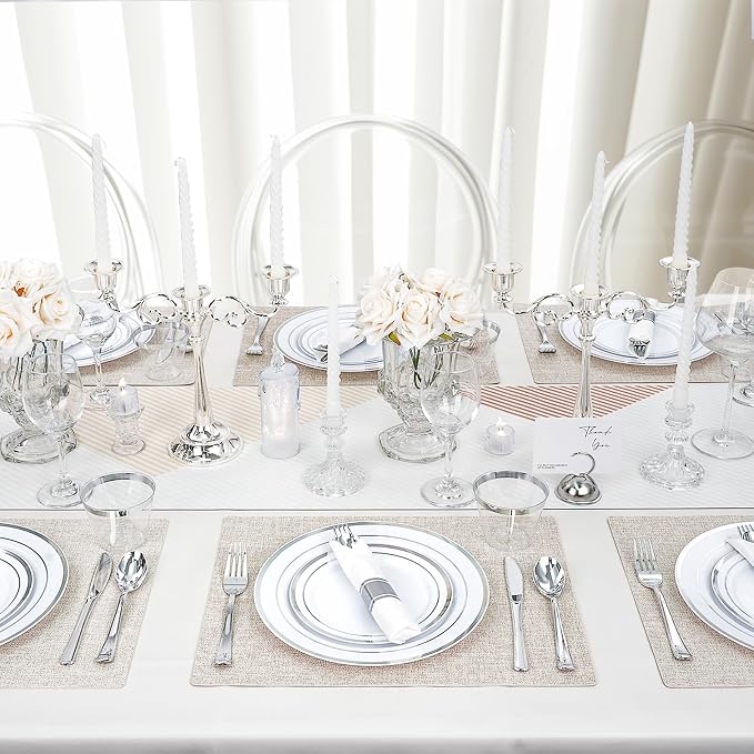 700 PCS White and Silver Plastic Dinnerware Set for 100 Guests, 200 Disposable Plates for Party, 100 Pre Rolled Napkins with Silver Silverware, 100 Cups