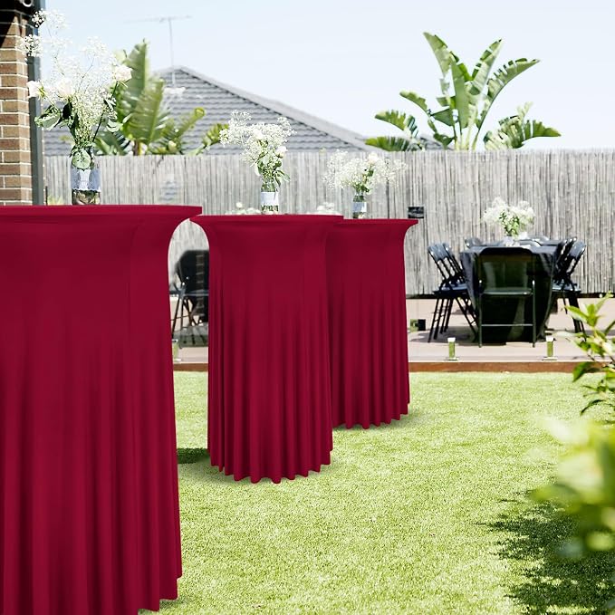 6 Packs Round Cocktail Table Skirt 32"x 43" Spandex Stretch Cocktail Tablecloth with Wavy Drapes, Wine Red Spandex Fitted High Top Table Covers for Wedding Bar Party Birthday Banquet Tables