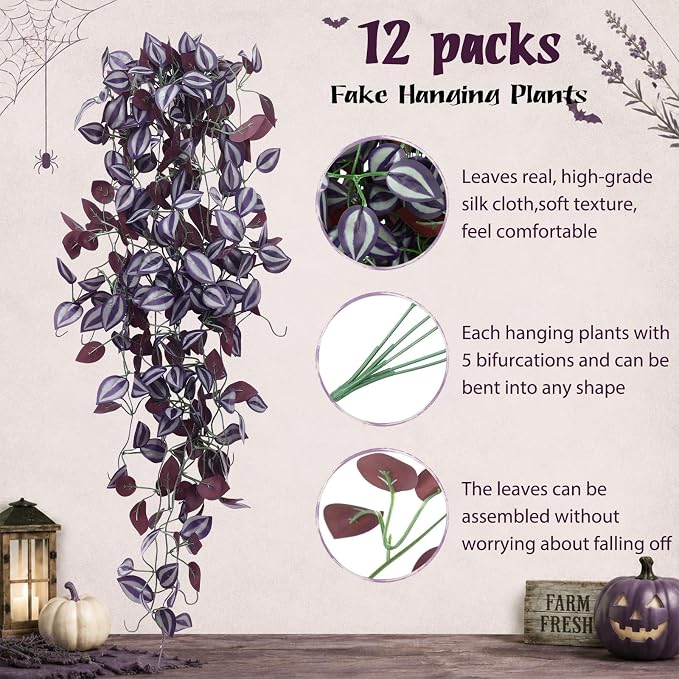Daifunli 12 Pcs Artificial Hanging Plants Fake Hanging Ferns Plastic Fake Plant for Wall Room Garden Garland Indoor Outdoor Decor No Basket (Purple Eyebrow)