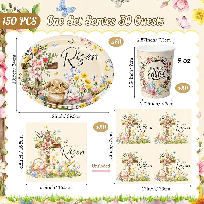 Vesici 150 Pcs Easter Cross Paper Plates and Napkins Set-serves 50, 10'' x 12'' Large Bunny Flower Tableware Disposable Primary Cross Paper Plates Cups Napkin for Spring Easter Birthday Party Supplies