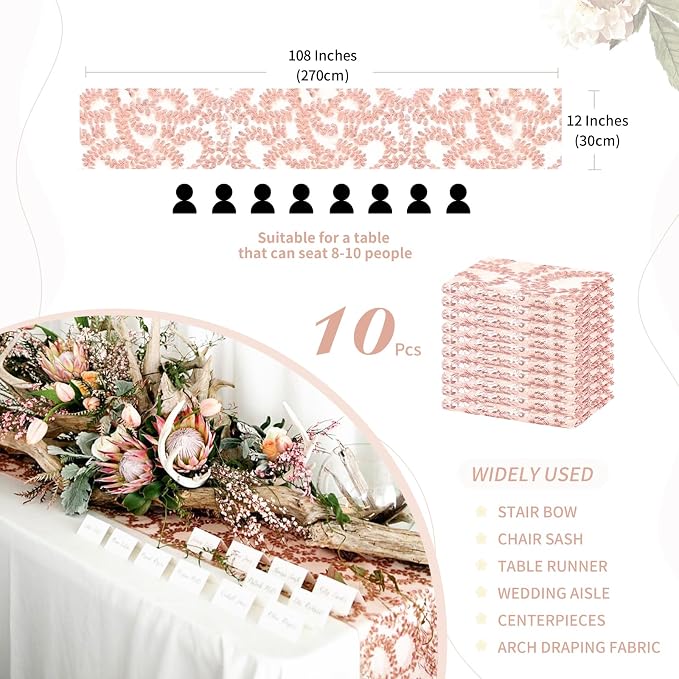 10 Packs 12x108 Inch Sequin Table Runner Rose Gold Flower Table Runners Glitter Table Runners for Banquet Wedding Table Decoration Sparkly Table Overlay