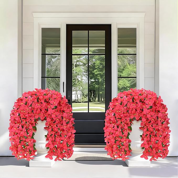 Livole 2Pcs Bougainvillea Artificial Flowers for Outdoors, Realistic UV Resistant Red Faux Outdoor Plants Flowers, Silk Hanging Fake Flowers for Outside Home Porch Patio Balcony Garden Decor