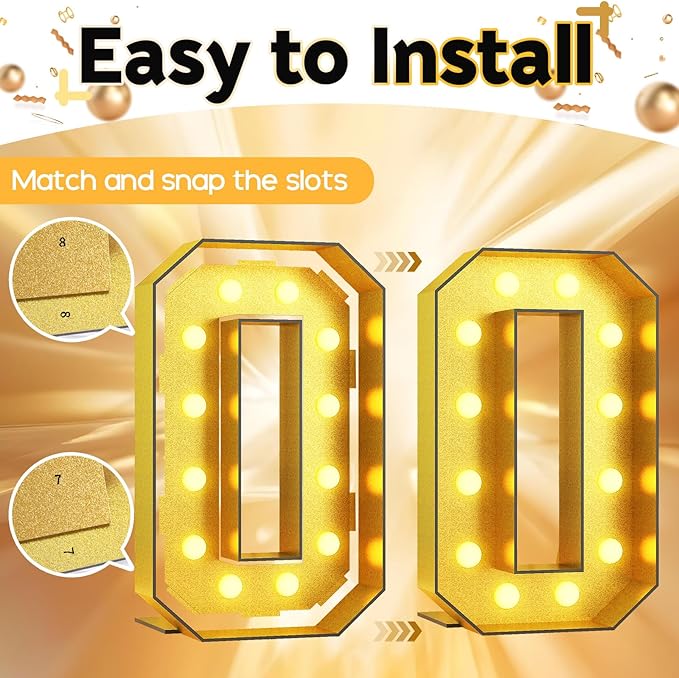 4FT Large Light Up Numbers 0, Gold Number 0 Marquee Frame Marquee Mosaic Number for Birthday, Giant Number 0 Marquee 4 Feet Tall DIY Frame Pre-Cut Foam Board Kit for Graduation Anniversary Decoration