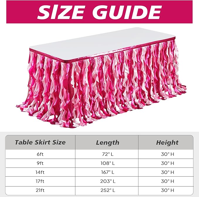 Wish Care 17ft Pink Sequin Table Skirt for Rectangle Tables Glitter Curly Willow Fuchsia Tutu Skirt Ruffle Table Cloth Desk Skirts for Princess Girls Birthday Baby Shower Party Cake Table Decorations