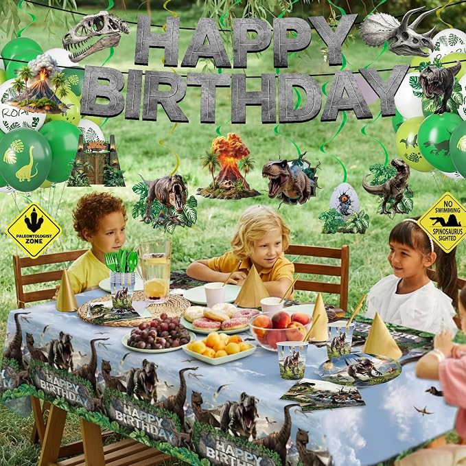 207pcs Dinosaur Party Decorations Plates Napkins Dino World Birthday Supplies Tableware Set Include Plates, Napkins, Cups, Cutlery, Balloon, Banner, Hanging Swirl, Tablecloth for Party Decor Serve 24